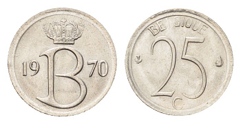 Бельгия 25 сантимов 1970 Belgique, Бодуэн I (1951-1993) KM 153 медно-никель 4705-337
