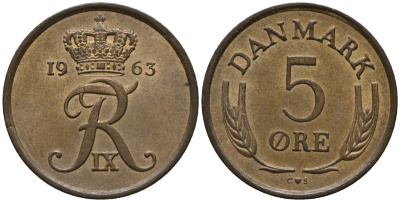 Дания 5 эре 1963 C; S, Фредерик IX (1947-1972) KM 848.1 бронза 4577-741