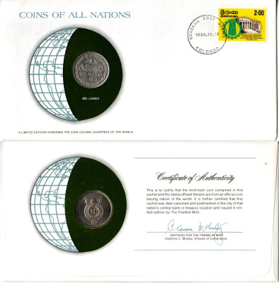 Шри-Ланка 1 рупия 1978 конверт с маркой первого дня гашения, Coins of Nations KM 136.1 медно-никель UNC 9-1-01-76