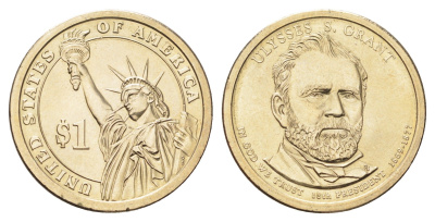 США 1 доллар 2011 P, Президент США - Улисс Грант (1869-1877) KM 500 медь с марганцево-латунным покрытием UNC 210-1016