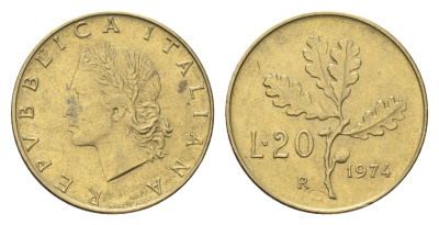 Италия 20 лир 1974 R, дубовые листья KM 97 алюминиевая бронза 4705-161