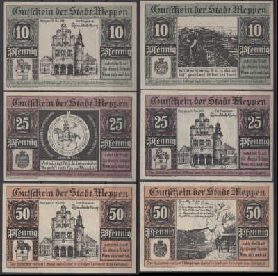 Меппен полный набор из 3 нотгельдов (10, 25 и 50 пфеннигов) 1921 DeNG 2 883.1 бумага UNC (пресс) 7556-41-1-2