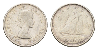 Канада 10 центов 1962 Елизавета II (1952-2022), парусник KM 51 серебро 4669-338