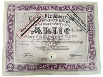 Германия облигация на 1000 марок 1922 компании Hoffman Mengesellschaft Neugersdorfiba бумага 5555-12