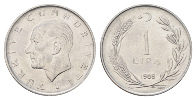 Турция 1 лира 1968 Кемаль Ататюрк KM 889a.2 нержавеющая сталь 4706-1155