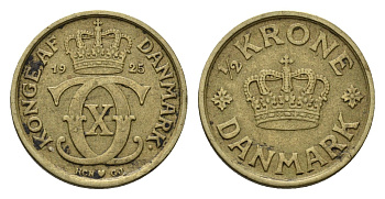 Дания 1/2 кроны 1925 HCN, Кристиан X (1912-1947) KM 831 алюминиевая бронза 4659-118