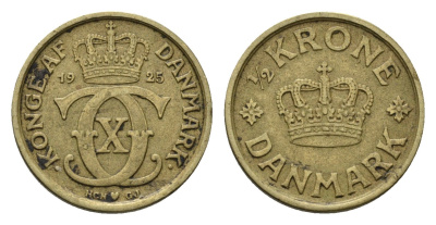 Дания 1/2 кроны 1925 HCN, Кристиан X (1912-1947) KM 831 алюминиевая бронза 4659-118