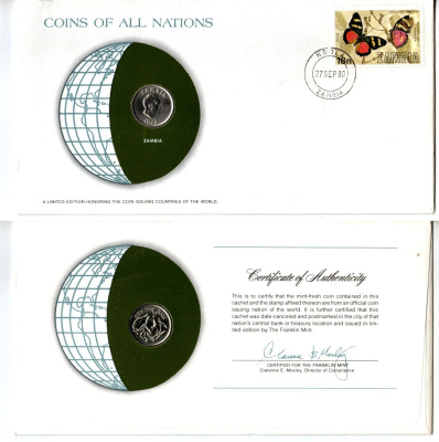 Замбия 5 нгве 1972 конверт с маркой первого дня гашения, Coins of Nations KM 11 медно-никель UNC 4294-56-3
