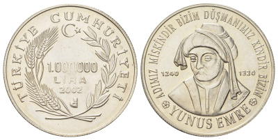 Турция 1000000 лир 2002 Юнус Эмре KM 1163 медно-никель UNC 4593-1123