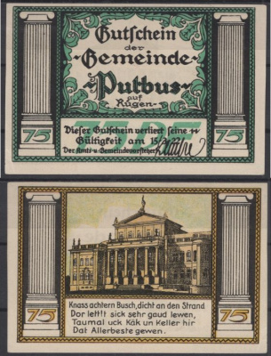 Путбус 75 пфеннигов ND (1922) DeNG 1 1081.1-3/4 бумага UNC (пресс) 8595-11-3-1