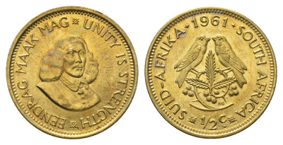 ЮАР 1/2 цента 1961 Ян ван Рибек KM 56 латунь UNC 4693-453