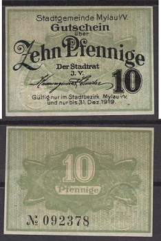 Милау 10 пфеннигов 1919 DeNG 2 M58.2c бумага UNC (пресс) 8612-9-3-1