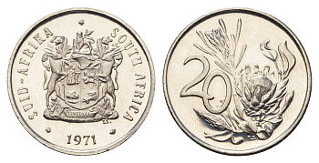 ЮАР 20 центов 1971 герб, цветок протея KM 86 никель PROOF 4693-511