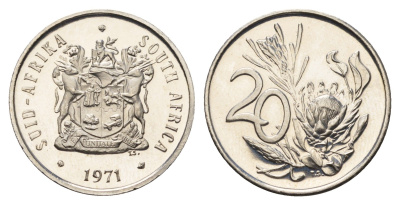 ЮАР 20 центов 1971 герб, цветок протея KM 86 никель PROOF 4693-511