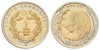 Турция 1 лира 2011 Фауна Турции - Бурый медведь KM 1276 биметалл UNC 1523-112