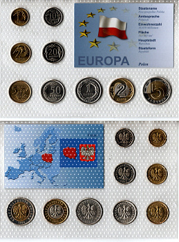 Польша набор из 9 монет (1, 2, 5, 10, 20 и 50 грошей; 1, 2 и 5 злотых) 1994, 1995, 1998 и 2002 в красочной упаковке с информацией о стране Y 276, 277, 278, 279, 280, 281, 282, 283 и 284 UNC 2-6-3-98