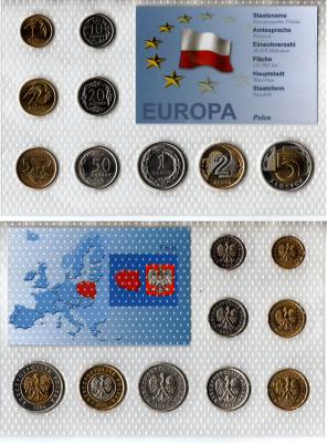 Польша набор из 9 монет (1, 2, 5, 10, 20 и 50 грошей; 1, 2 и 5 злотых) 1994, 1995, 1998 и 2002 в красочной упаковке с информацией о стране Y 276, 277, 278, 279, 280, 281, 282, 283 и 284 UNC 2-6-3-98