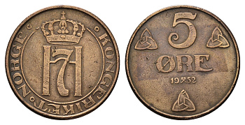 Норвегия 5 эре 1952 Хокон VII (1905-1957), старый тип KM 368 бронза 4122-1027