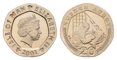 Остров Мэн 20 пенсов 2001 KM 1040 медно-никель UNC 3459-1223