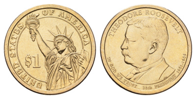 США 1 доллар 2013 D, Президент США - Теодор Рузвельт (1901–1909) KM 548 медь с марганцево-латунным покрытием UNC 4700-1045