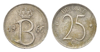Бельгия 25 сантимов 1966 Belgique, Бодуэн I (1951-1993) KM 153 медно-никель 4705-326