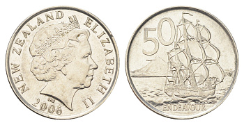 Новая Зеландия 50 центов 2006 Елизавета II (1952-2022), парусник Индевор KM 119a сталь плакированная никелем aUNC 4706-631