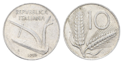 Италия 10 лир 1955 R, плуг, колосья KM 93 алюминий 4704-532