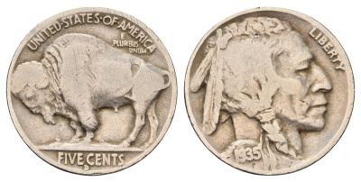 США 5 центов 1935 D, индеец, бизон KM 134 медно-никель 4682-932