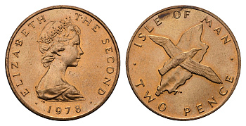 Остров Мэн 2 пенса 1978 птица, Елизавета II (1952-2022) KM 34 бронза UNC 4122-1113