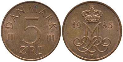 ДАНИЯ 5 ЭРЕ 1985 R; B, МАРГРЕТЕ II (1972-) KM 859.3 железо плакированное медью 116-167