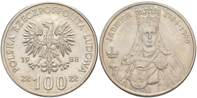 Польша 100 злотых 1988 MW, серия Польские правители, королева Ядвига (1384-1399) KM 183 медно-никель UNC 4111-345