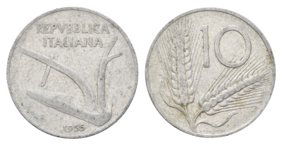 Италия 10 лир 1955 R, плуг, колосья KM 93 алюминий 4704-534