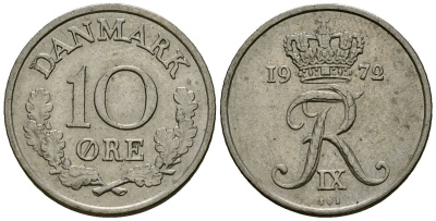 Дания 10 эре 1972 C; S, Фредерик IX (1947-1972) KM 849 медно-никель 4136-863