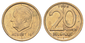 Бельгия 20 франков 1994 Belgique, Альберт II KM 191 никель бронза 4704-1142