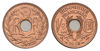 Французский Индокитай 1/2 сантима 1938 KM 20 бронза UNC 4623-748