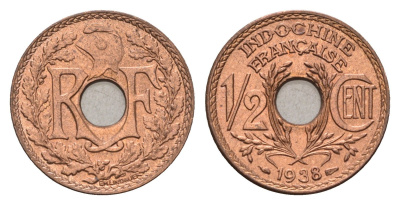 Французский Индокитай 1/2 сантима 1938 KM 20 бронза UNC 4623-748