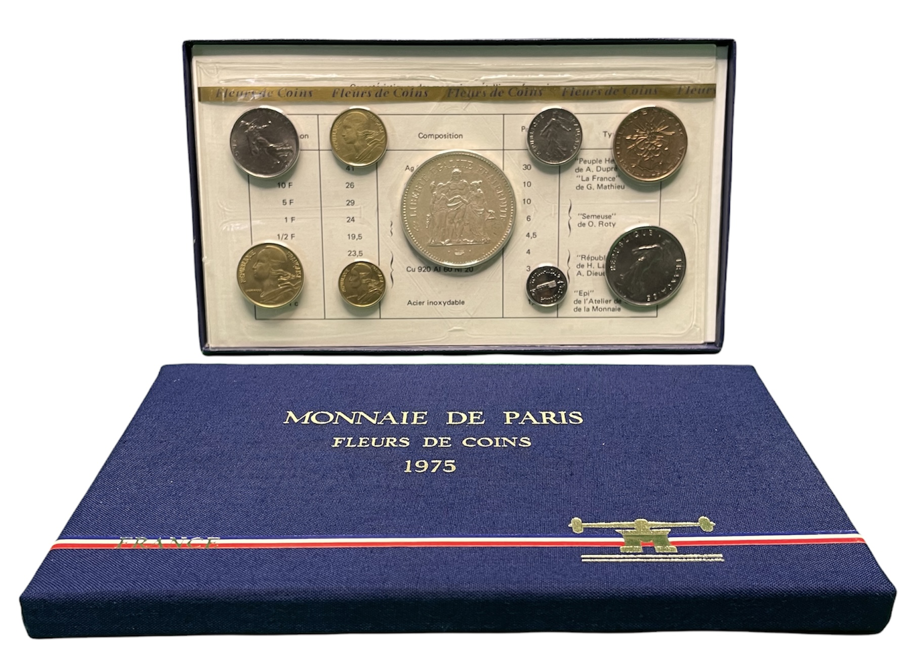 Франция госнабор из 9 монет 1975 в оригинальном буклете 50 франков Геркулес...