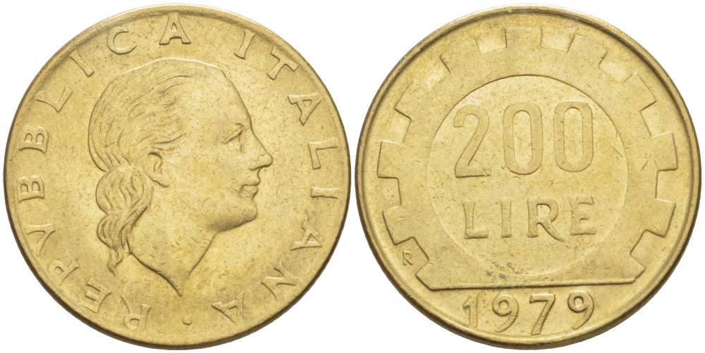 280 лир. Монеты Италия 200 лир 1979.
