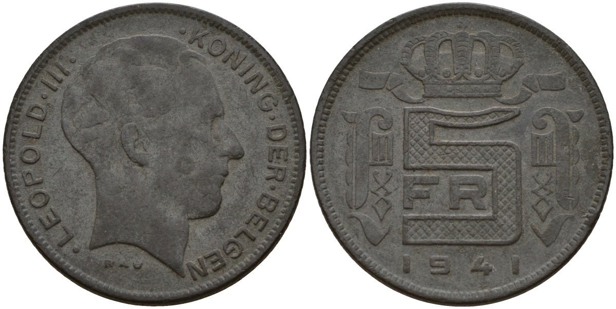 1 Франк Бельгия 1945. 1 Франк Бельгия 1941. Монета 1945 5 Francs.