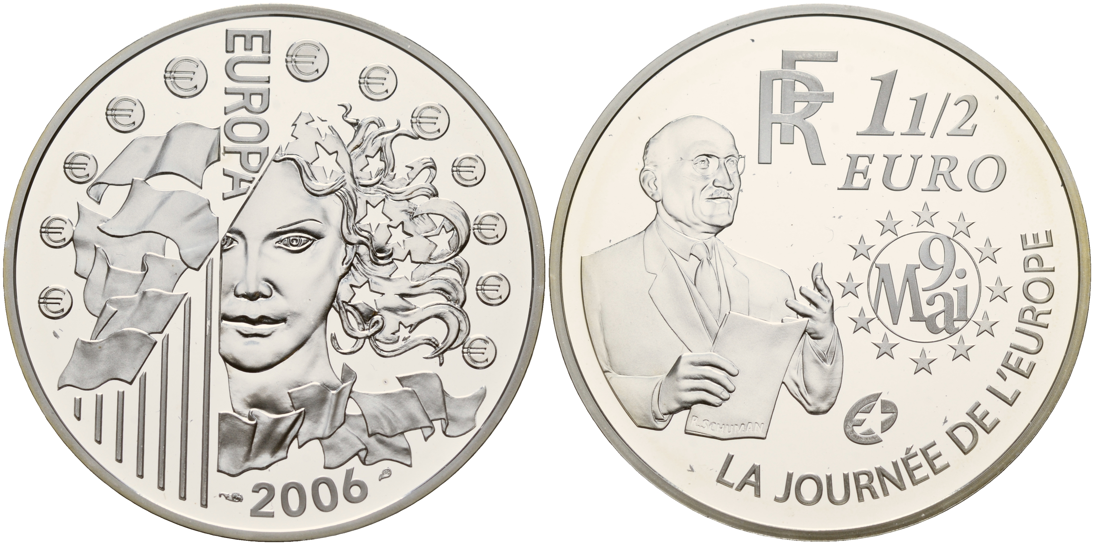 Евро 2006 года. Франция 1,5 евро 2003 г. 200 лет Франку с сертификатом.