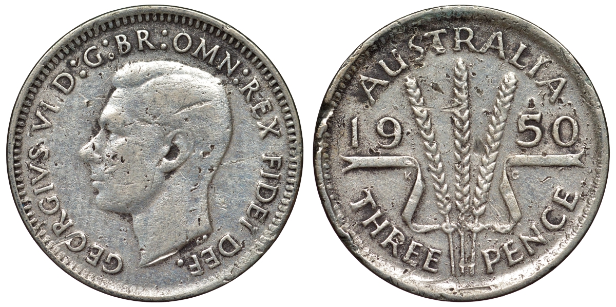 Silver 44. Монета Австралия 6 пенсов 1950.