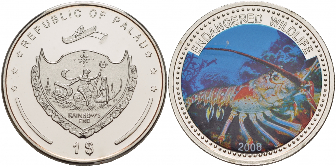 1 доллар 2008. Монеты Палау. Монета Республики Палау. Палау 1 доллар, 2008 вымирающие виды - лангуст. 1 Доллар 2008 Австралия.