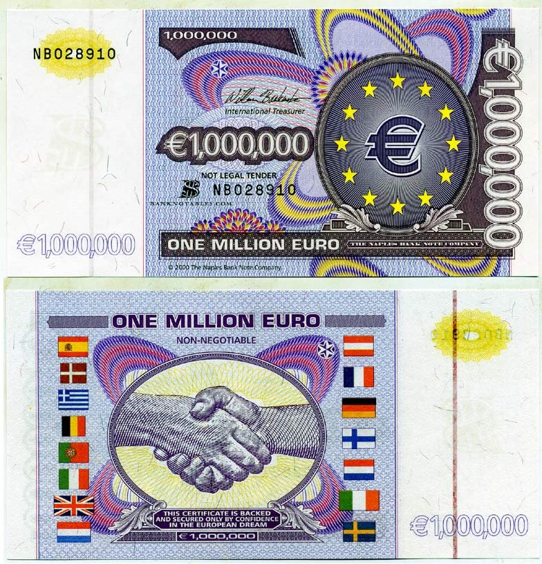 Миллион евро в долларах. 1000000 Евро купюра. Купюра миллион евро. Миллион евро одной купюрой. Купюра в 1000000 Euro.