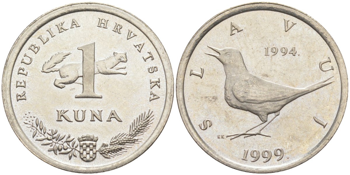 Хорватия 1 куна 1999 западный соловей, 5 лет национальной валюте, легенда н...