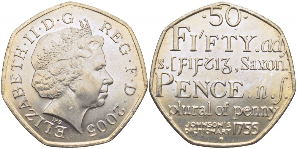 Инглиш 50 50. Монета Великобритании 50 пенсов 2005. Великобритания 50 пенсов Сэмюэла Джонсона. Монеты 50 пенсов Великобритания. Великобритания монета 50 пенсов 2005 Аверс.