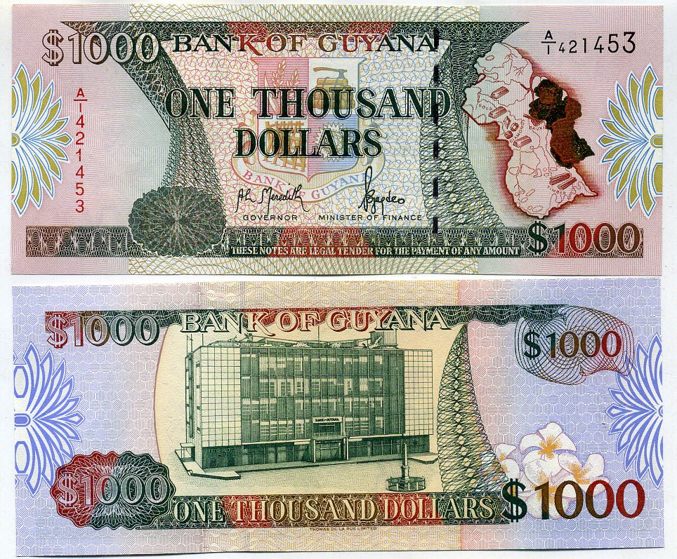 Купюра 1996. Банкноты Гайаны. 1000 Долларов. Bank Note for 1000 Dollars. Купюра банк оф Guyana 20.