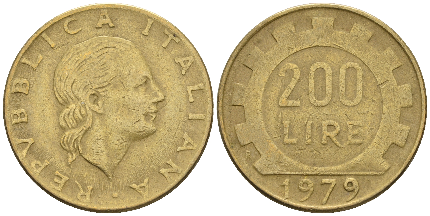 Италия 200 лир 1979. Алюминиевая бронза. 200 Лир в рублях. Италия 50 лир 1979 (80517997).