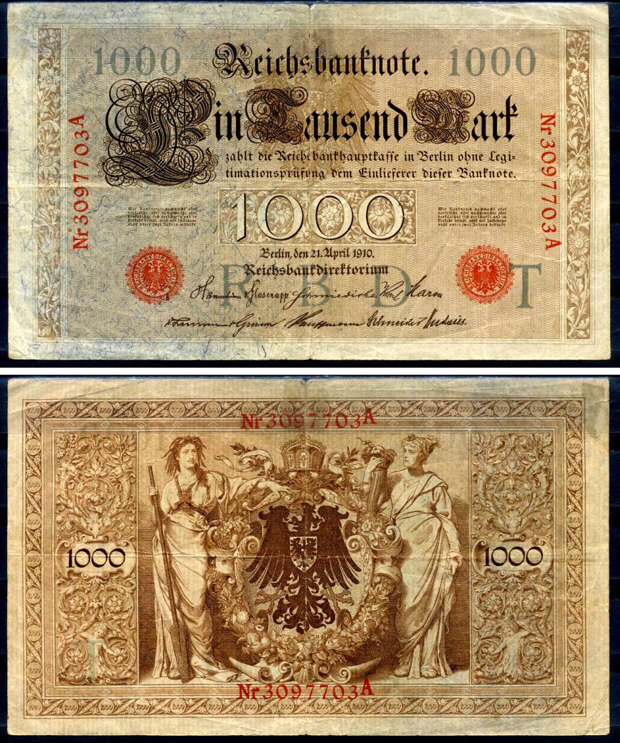 Германия 1000 марок 1910 21 апреля 1910, красная печать, номер семизначный,  серия A, буква T, выпуск АПРЕЛЬ - ИЮЛЬ 1918 Pick 44 b бумага 2194-36-1-1:  цены, купить в нумизматическом магазине «Рашенкойн»