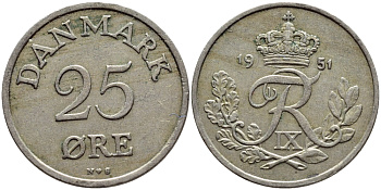 Дания 25 эре 1951 N; S, Фредерик IX (1947-1972) KM 842 медно-никель 4398-932