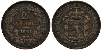 Люксембург 2 1/2 сантима 1901 великий герцог Адольф (1890-1905), BARTH КМ 21 бронза 4538-812